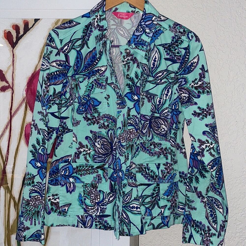 NEW Pappagallo Aqua Blue Floral Snap Down Jacket Nautical Coastal Vacation